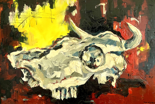 Image of an expressive cow's skull, painted with  oils on canvas.