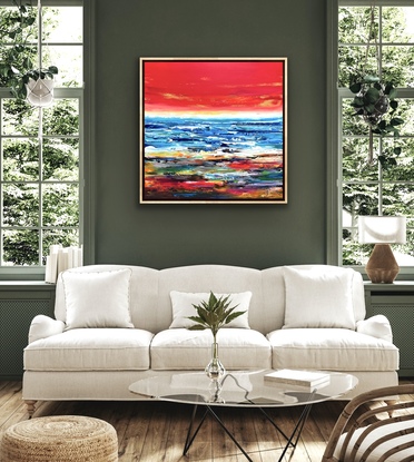 Vibrant sunset views of the ocean with contrasting landscape to create depth and evoke exploration of feeling.