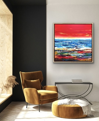 Vibrant sunset views of the ocean with contrasting landscape to create depth and evoke exploration of feeling.