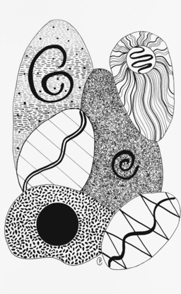 My abstract drawing is comprised of 6 differently shaped rocks that are leaning on each other. 
Each rock shape has its own line art design, consisting of lines, circles squiggles and curves. 
Overlayed on the pen designs are decorative brush pen strokes. 
Overall, the designs show various shades of light and dark tones.