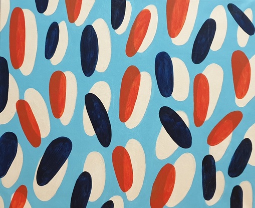 Orange, blue and cream lozenges over a turquoise background.