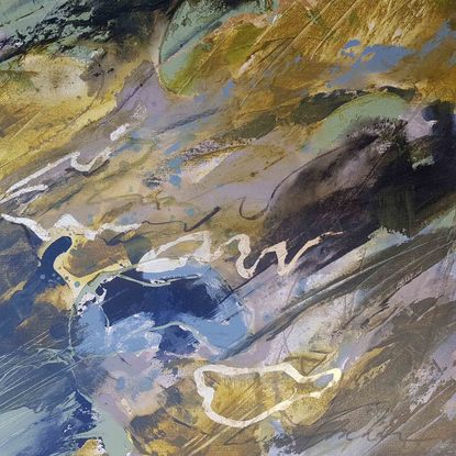 an abstract of the Grampian Ranges in acrylic and oils in shades of green, sage, olive, gold and blue