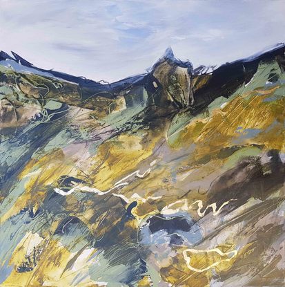 an abstract of the Grampian Ranges in acrylic and oils in shades of green, sage, olive, gold and blue