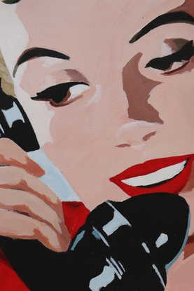 A portrait of a woman talking on the phone painted in a colourful pop-art style.