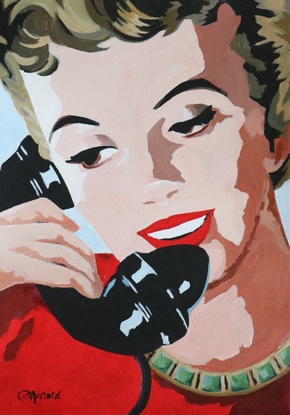 A portrait of a woman talking on the phone painted in a colourful pop-art style.