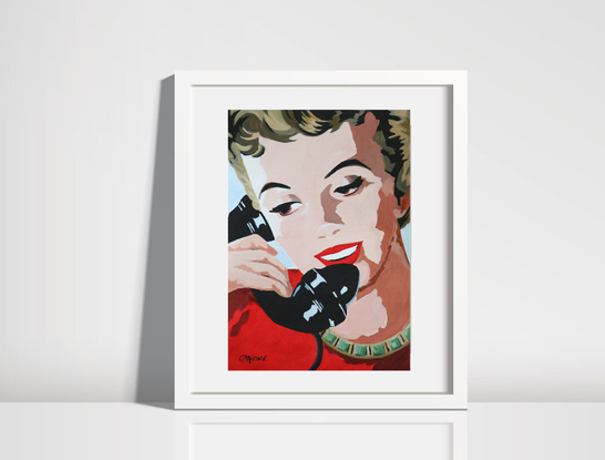 A portrait of a woman talking on the phone painted in a colourful pop-art style.