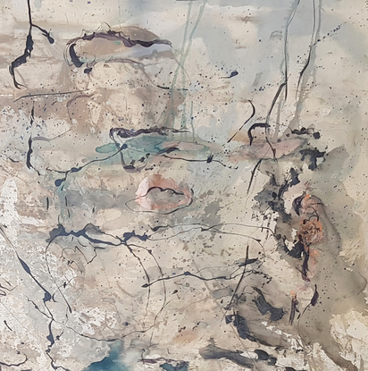 an abstract landscape in shades of green, copper, brown, beige and white inspired by wild grass and coastal dunes, australian native and indigenous plants