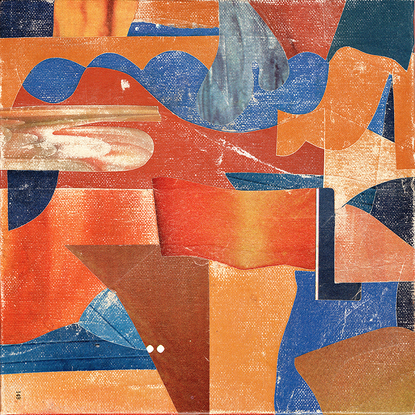 Square canvas board with paper collage in orange and blue blocks of colour in abstract shapes. 