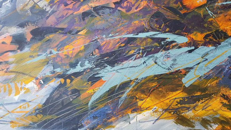 an abstract of the Bay of fires in acrylic and oils in shades of orange, yellow, aqua, black and blue