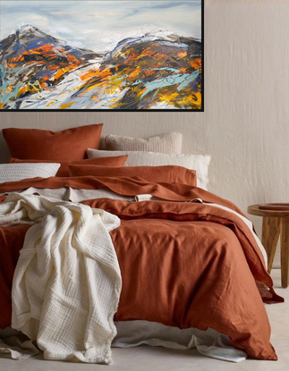 an abstract of the Bay of fires in acrylic and oils in shades of orange, yellow, aqua, black and blue