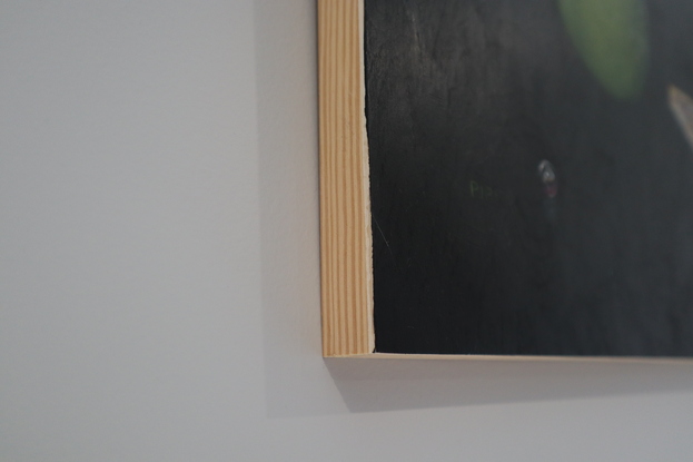 Painting of black night sky with band of the milky way in the upper third of the painting. In the foreground are cat eye marbles, a green granny smith apple, fairy bread with a bite taken out of it, a strawberry cut in half and another whole strawberry.