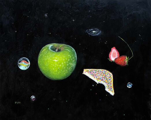 Painting of black night sky with band of the milky way in the upper third of the painting. In the foreground are cat eye marbles, a green granny smith apple, fairy bread with a bite taken out of it, a strawberry cut in half and another whole strawberry.