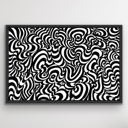 Mid-century contemporary artwork in cradled wood, black and white, ideal for gathering spaces and meditative settings. Subject: zebras. Framed in matte black floating oak  box frame.