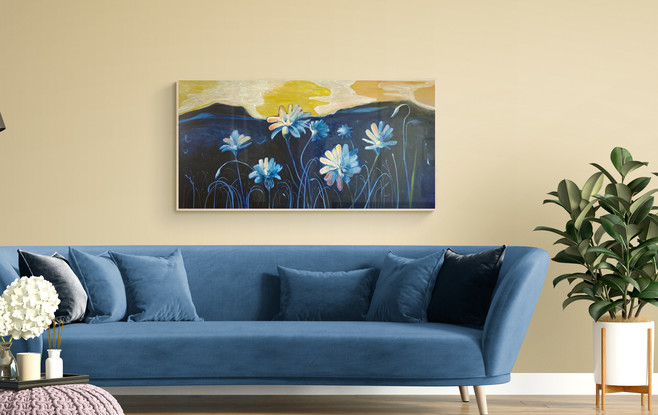  A painting of a Murnong daisies in the foreground with a yellow and pink sunset, over hills in the background.