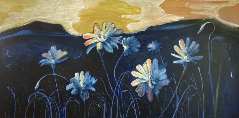  A painting of a Murnong daisies in the foreground with a yellow and pink sunset, over hills in the background.