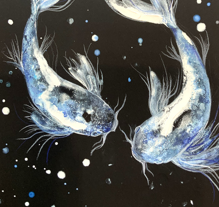 Blue Koi fish art on paper