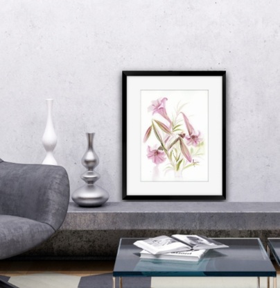 Watercolour painting of pink, magenta lilies with a butterfly