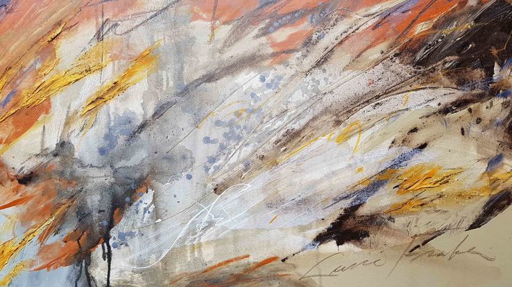 an abstract of the Snowy Mountains in acrylic and oils in shades of terracotta, ochre, brown, cream, beige and blue