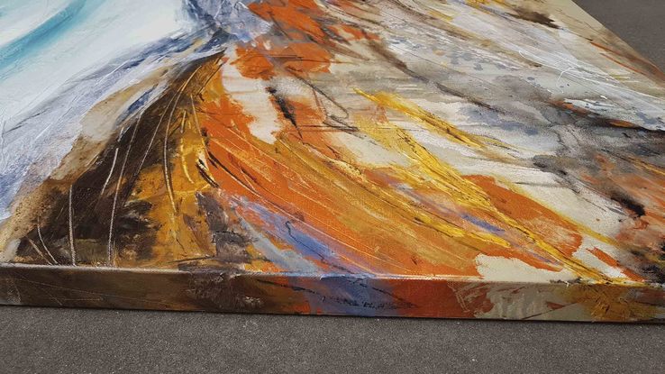 an abstract of the Snowy Mountains in acrylic and oils in shades of terracotta, ochre, brown, cream, beige and blue