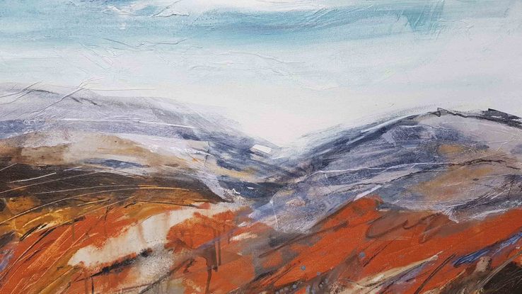 an abstract of the Snowy Mountains in acrylic and oils in shades of terracotta, ochre, brown, cream, beige and blue