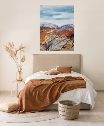 an abstract of the Snowy Mountains in acrylic and oils in shades of terracotta, ochre, brown, cream, beige and blue