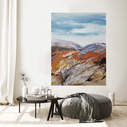 an abstract of the Snowy Mountains in acrylic and oils in shades of terracotta, ochre, brown, cream, beige and blue