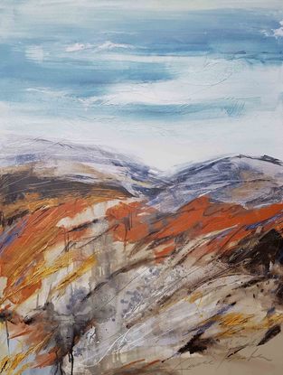 an abstract of the Snowy Mountains in acrylic and oils in shades of terracotta, ochre, brown, cream, beige and blue