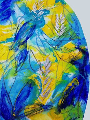 a colourful abstract of banksia tree pods in yellow, blue, aqua, turquoise and green