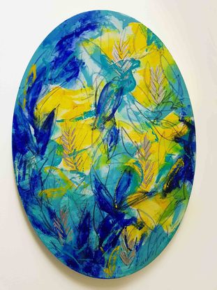 a colourful abstract of banksia tree pods in yellow, blue, aqua, turquoise and green