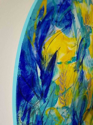 a colourful abstract of banksia tree pods in yellow, blue, aqua, turquoise and green