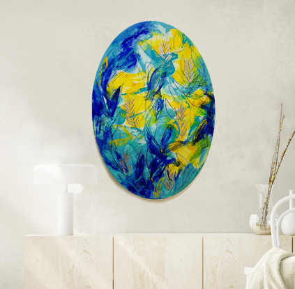 a colourful abstract of banksia tree pods in yellow, blue, aqua, turquoise and green