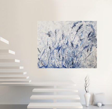 a large abstract painting of banksia tree pods and leaves in pale blue, beige and grey