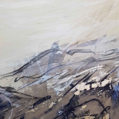 A large abstract landscape of the Snowy mountains region in mixed media.