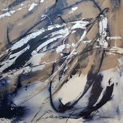 A large abstract landscape of the Snowy mountains region in mixed media.