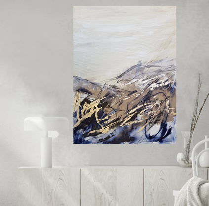 A large abstract landscape of the Snowy mountains region in mixed media.