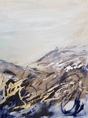 A large abstract landscape of the Snowy mountains region in mixed media.