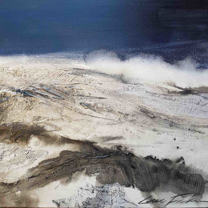 A large abstract landscape of the Snowy mountains region in mixed media.