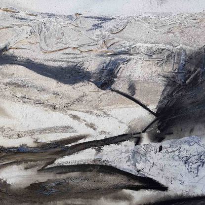 A large abstract landscape of the Snowy mountains region in mixed media.