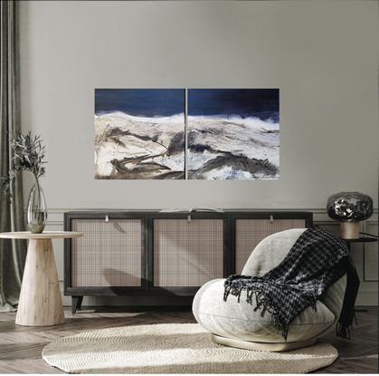 A large abstract landscape of the Snowy mountains region in mixed media.