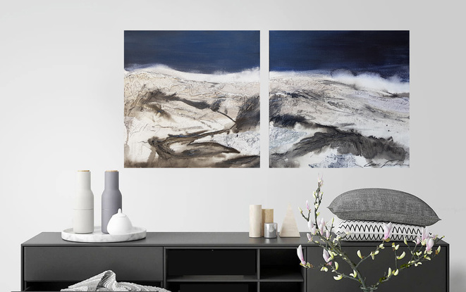 A large abstract landscape of the Snowy mountains region in mixed media.