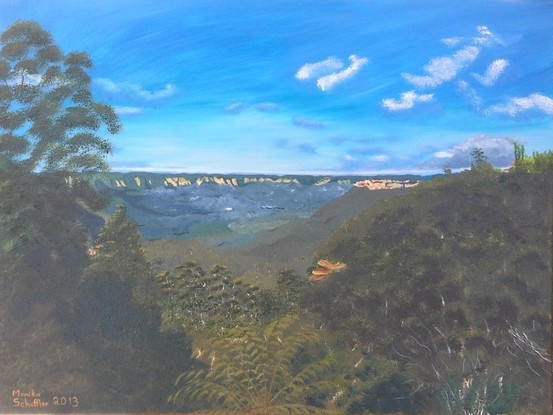 (CreativeWork) Jamison Valley‚ Blue Mountains by Monika Scheffler. Oil. Shop online at Bluethumb.