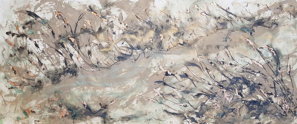 An abstract of wild grass and leaves in dark brown, beige and white with copper leaf.  