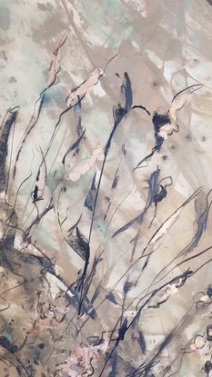 An abstract of wild grass and leaves in dark brown, beige and white with copper leaf.  