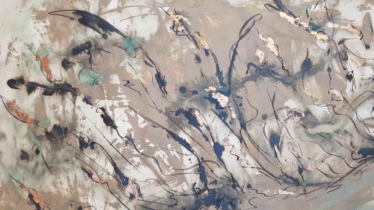 An abstract of wild grass and leaves in dark brown, beige and white with copper leaf.  