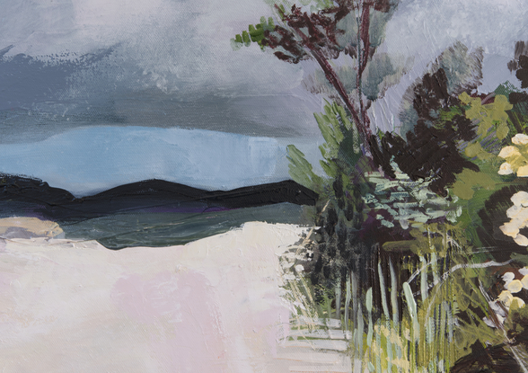 a wide sandy path on a rising incline, leading to a cove under  stormy skies. On either side of the path flowering bush,   