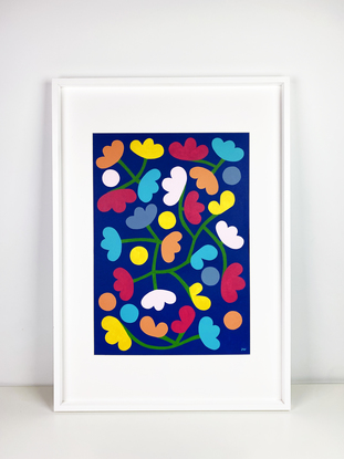 vibrant multicoloured flower pattern on navy blue background