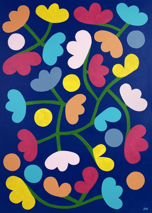 vibrant multicoloured flower pattern on navy blue background