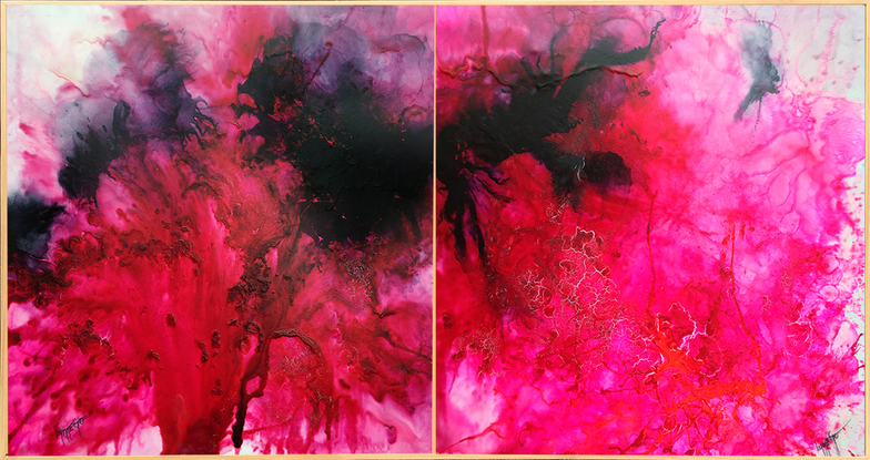 Large bright pink framed diptych abstract