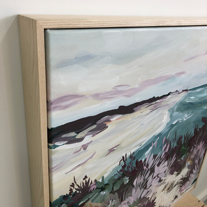 abstract painting of an Australian beach scene in blue and blush colour palette