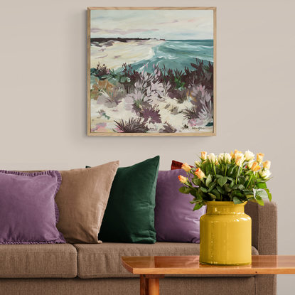 abstract painting of an Australian beach scene in blue and blush colour palette